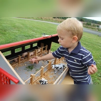 Hannes (2) spielt mit dem Bauernhof, der das letzte Projekt von Wilfried Rusche war, bevor dieser Anfang 2023 überraschend verstarb. (Foto: privat)