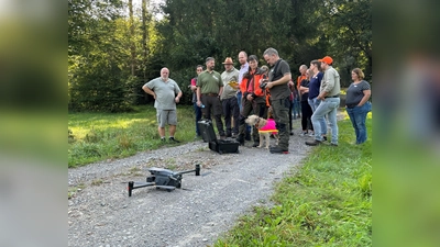 Auf einer Lichtung im Reinhardswald: Eine Drohne sowie speziell ausgebildete Suchhunde mussten die ausgelegten Wildschweinkadaver im Rahmen eines Übungstages zur Afrikanischen Schweinepest finden.  (Foto: Landkreis Kassel)